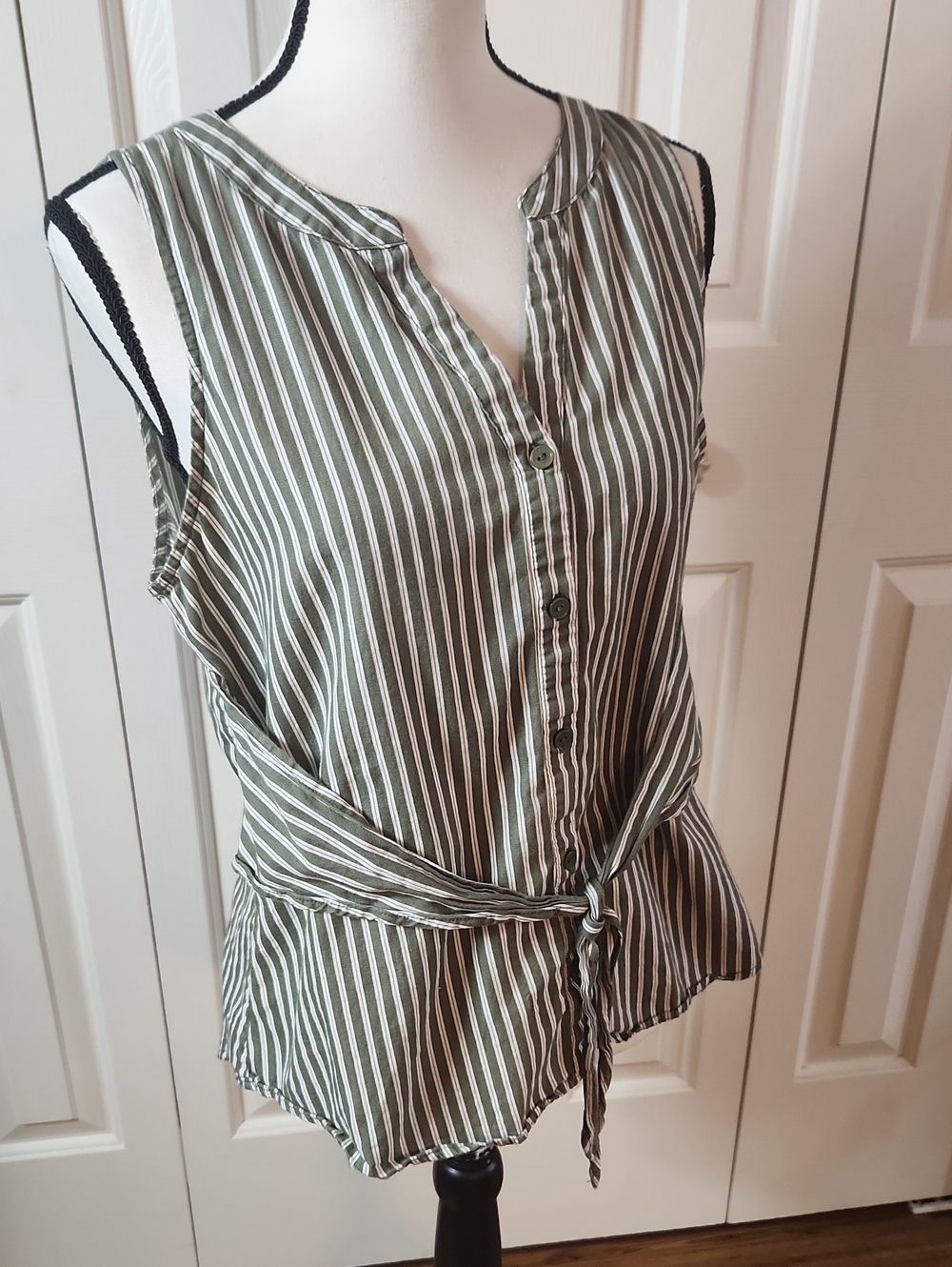 Sanctuary Olive Green and White Striped Tie-Front Camisole